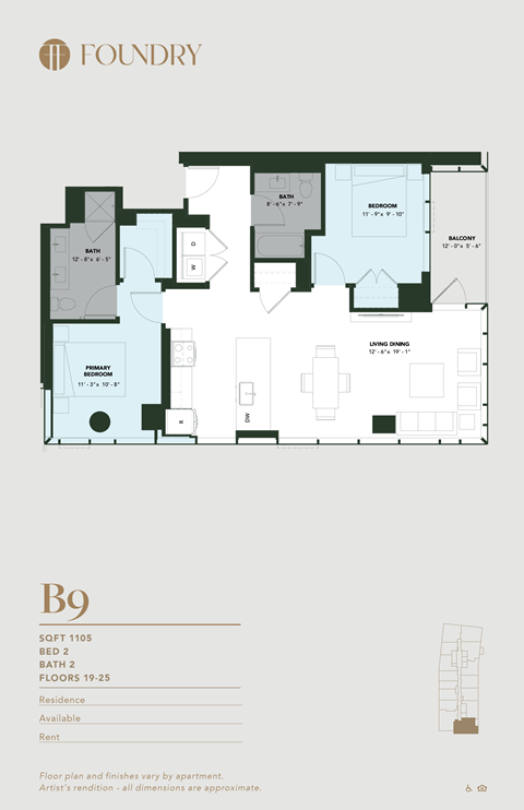 Floor plan for 2 beds, 2 baths, 1105 sqft